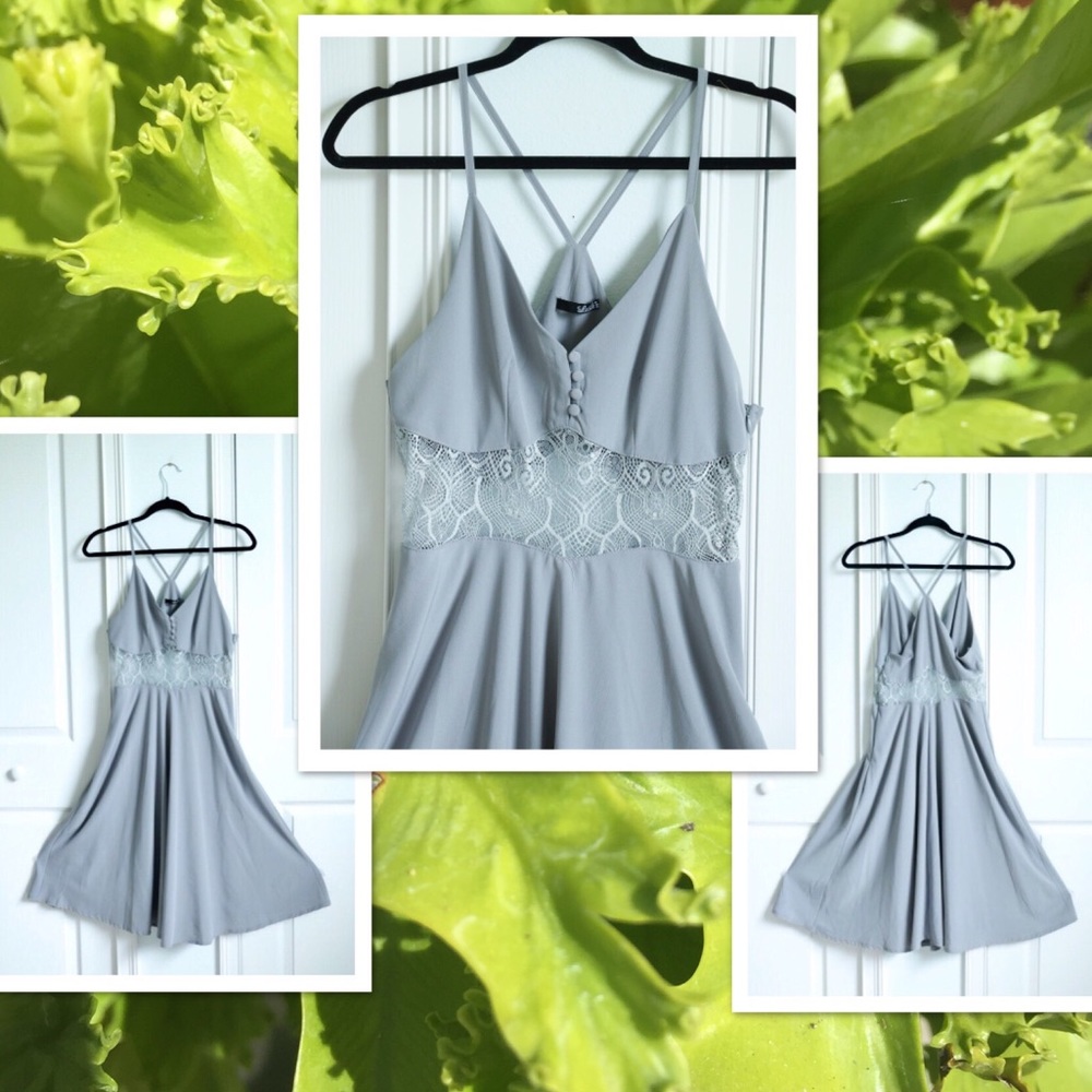 Lulu’s Gray A-Line Spaghetti Strap Dress With Lace